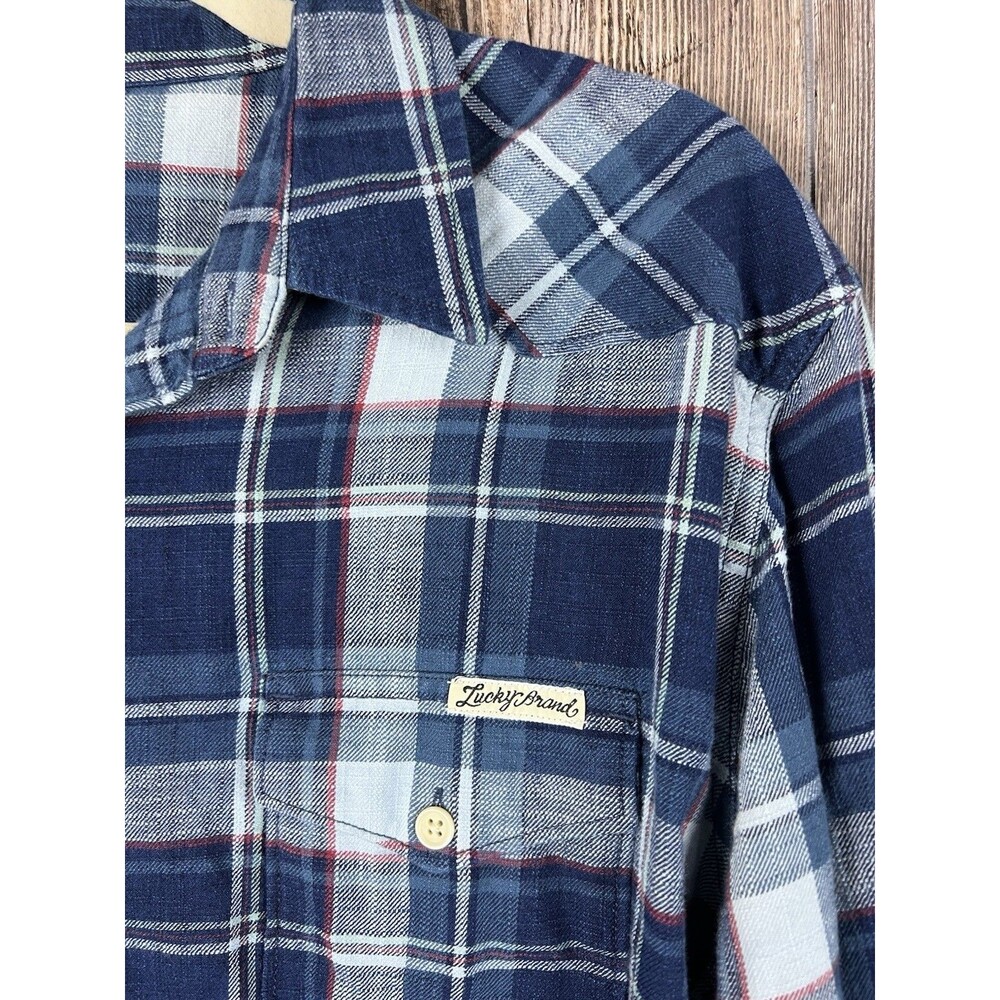 Lucky Brand Mens L Flannel Shirt Blue Plaid Button-Up Western Rustic Cabincore - Picture 2 of 15